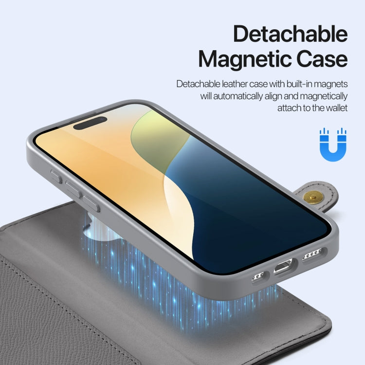 For iPhone 16 DUX DUCIS Lawa Series 2 in 1 Wallet Zipper Detachable MagSafe Phone Case with Lanyard(Grey)