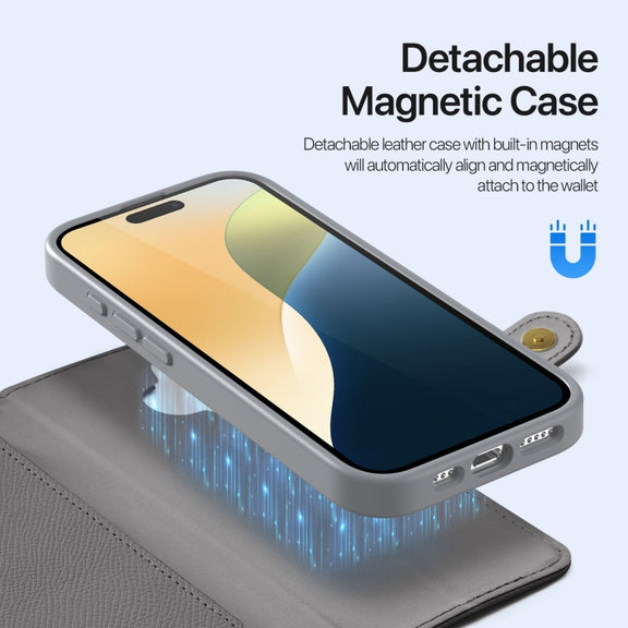 For iPhone 16 DUX DUCIS Lawa Series 2 in 1 Wallet Zipper Detachable MagSafe Phone Case with Lanyard(Grey)