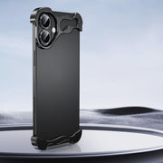 For iPhone 16 Plus Frameless Metal Corner Pad Phone Case with Lens Film(Black)