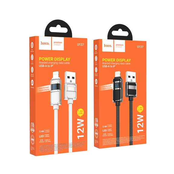 hoco U137 USB to 8 Pin Line 2.4A Charging Data Cable with Display, Length:1.2m(White)
