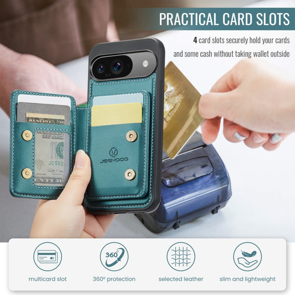 For Google Pixel 9 / 9 Pro JEEHOOD J05 Business Magnetic Style RFID Leather Phone Case(Blue Green)