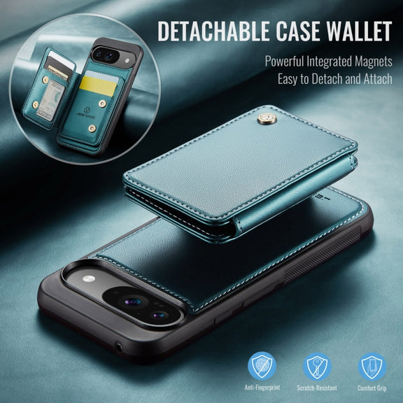 For Google Pixel 9 / 9 Pro JEEHOOD J05 Business Magnetic Style RFID Leather Phone Case(Blue Green)