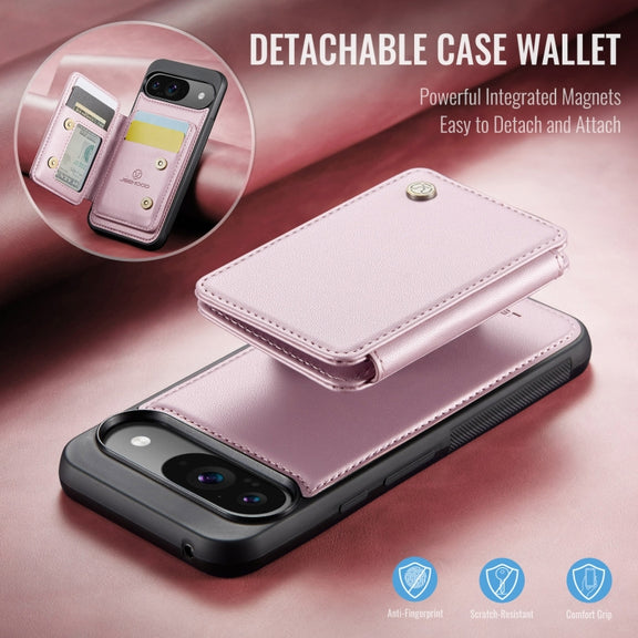 For Google Pixel 9 / 9 Pro JEEHOOD J05 Business Magnetic Style RFID Leather Phone Case(Pink)