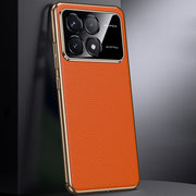 For Redmi K70 / K70 Pro First Layer Cowhide Leather Electroplated PC Phone Case(Orange)