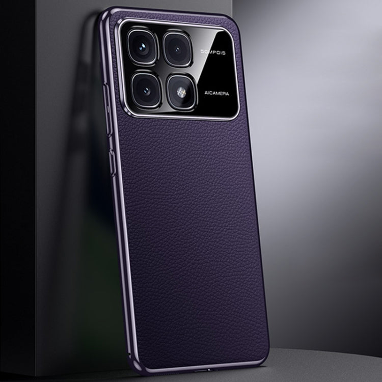 For Redmi K70 Ultra First Layer Cowhide Leather Electroplated PC Phone Case(Dark Purple)