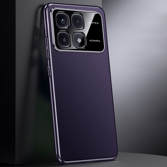 For Redmi K70 Ultra First Layer Cowhide Leather Electroplated PC Phone Case(Dark Purple)
