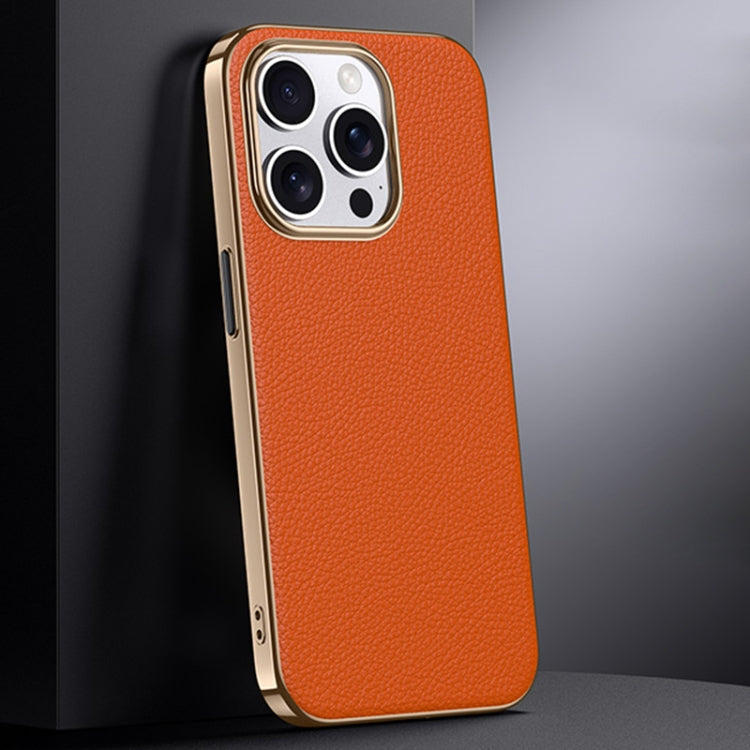 For iPhone 16 Pro First Layer Cowhide Leather Electroplated PC Phone Case(Orange)