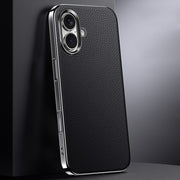 For iPhone 16 First Layer Cowhide Leather Electroplated PC Phone Case(Black)