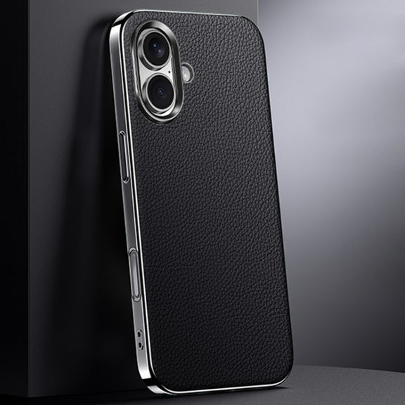 For iPhone 16 First Layer Cowhide Leather Electroplated PC Phone Case(Black)
