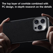 For iPhone 16 Pro First Layer Cowhide Leather Electroplated PC Phone Case(Orange)