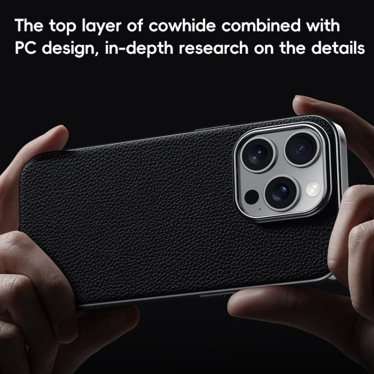 For iPhone 16 Pro First Layer Cowhide Leather Electroplated PC Phone Case(Orange)