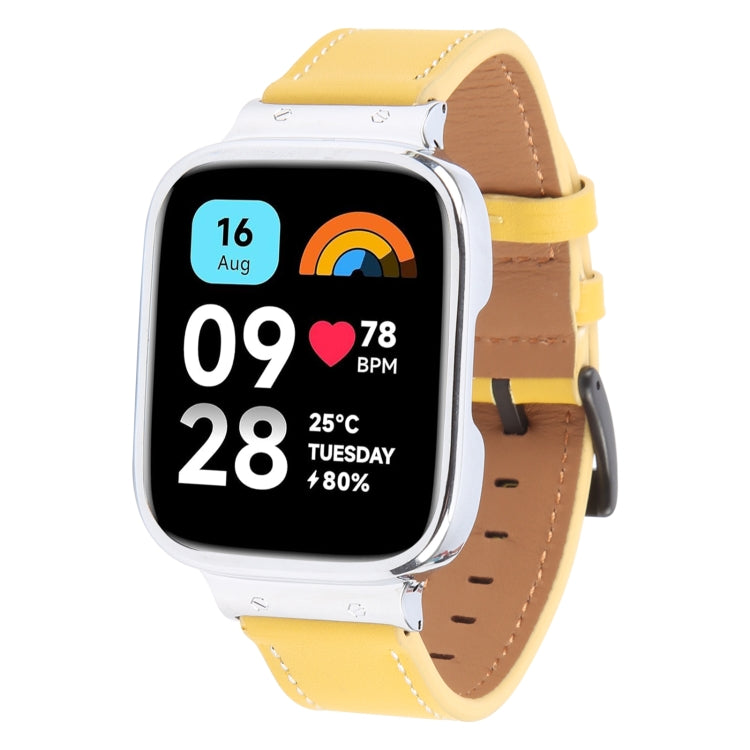 For Redmi Watch 3 Lite Metal Frame Integrated Leather Watch Band(Yellow)