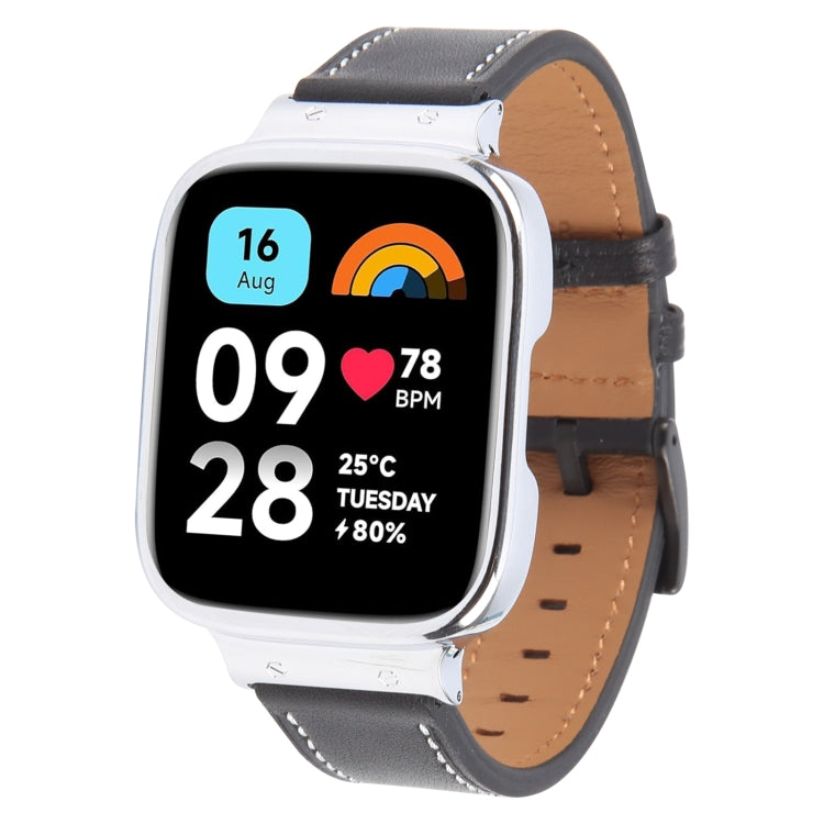 For Redmi Watch 3 Lite Metal Frame Integrated Leather Watch Band(Black)