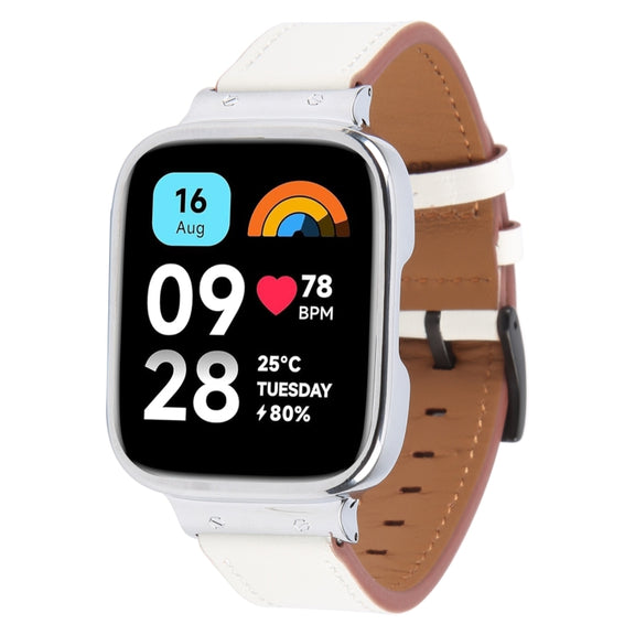 For Redmi Watch 3 Lite Metal Frame Integrated Leather Watch Band(White)