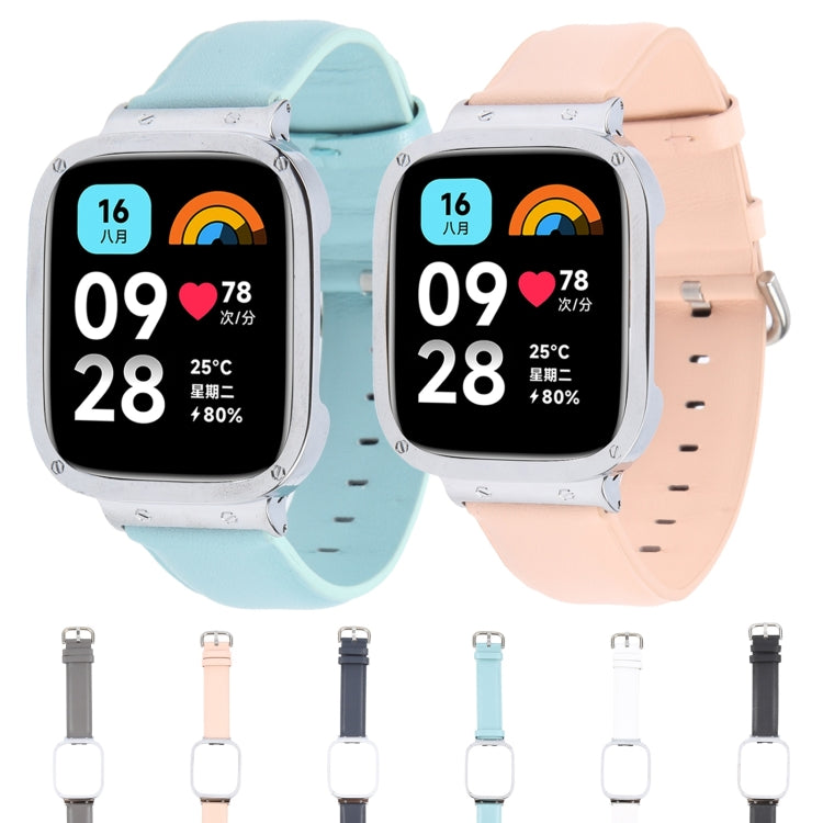 For Redmi Watch 3 Lite Metal Frame Integrated Genuine Leather Watch Band(Sky Blue)