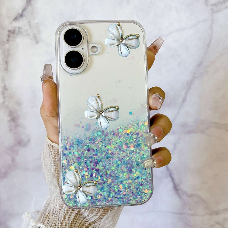 For iPhone 16 Luminous Starry Sky Glitter Butterfly TPU Phone Case(Blue)