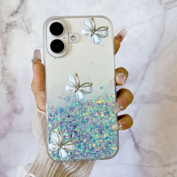 For iPhone 16 Luminous Starry Sky Glitter Butterfly TPU Phone Case(Blue)