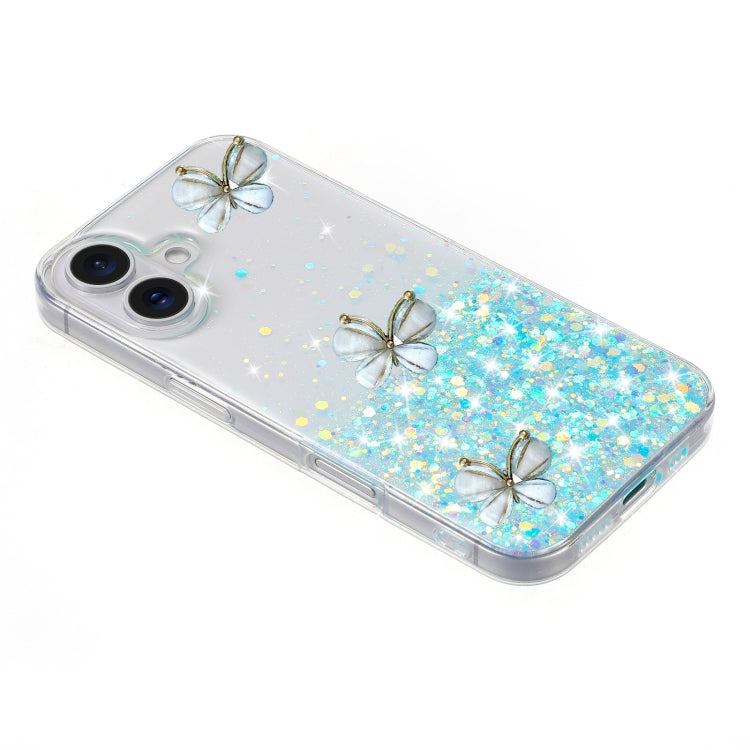 For iPhone 16 Luminous Starry Sky Glitter Butterfly TPU Phone Case(Blue)