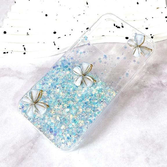 For iPhone 16 Luminous Starry Sky Glitter Butterfly TPU Phone Case(Blue)