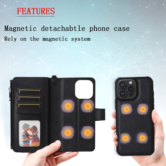 For iPhone 16 Pro Max Solid Color 2 in 1 Zipper Shockproof Phone Case(Black)