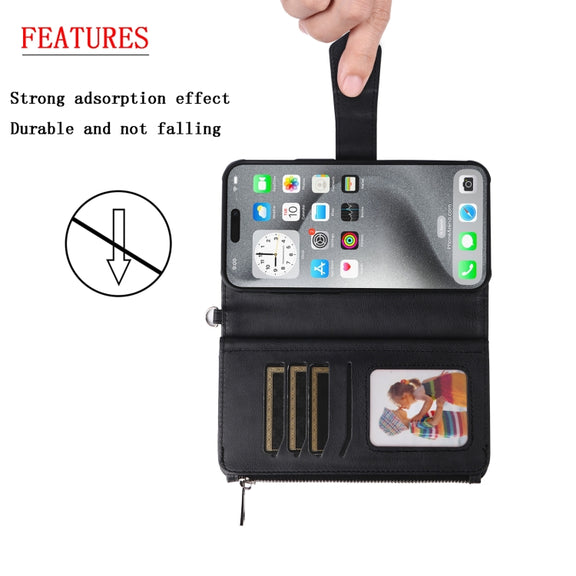 For iPhone 16 Pro Max Solid Color 2 in 1 Zipper Shockproof Phone Case(Black)