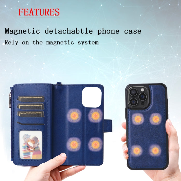 For iPhone 16 Pro Max Solid Color 2 in 1 Zipper Shockproof Phone Case(Blue)