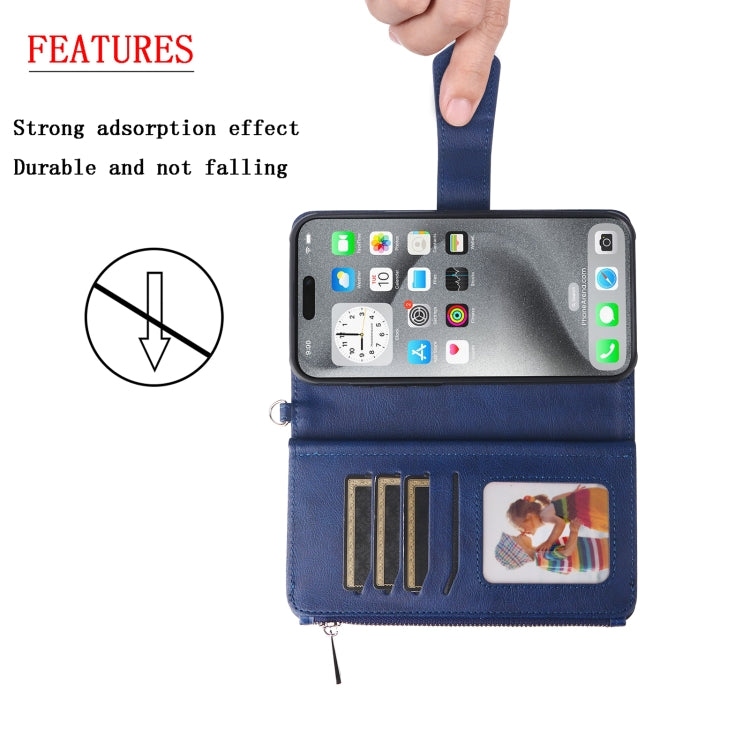 For iPhone 16 Pro Max Solid Color 2 in 1 Zipper Shockproof Phone Case(Blue)