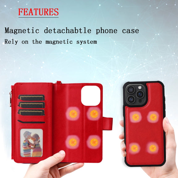 For iPhone 16 Pro Max Solid Color 2 in 1 Zipper Shockproof Phone Case(Red)