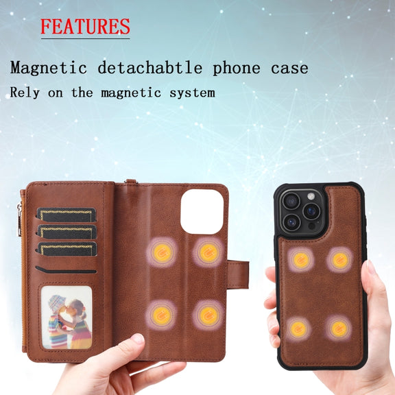 For iPhone 16 Pro Max Solid Color 2 in 1 Zipper Shockproof Phone Case(Brown)