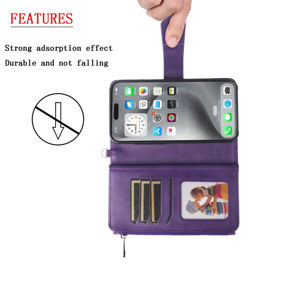 For iPhone 16 Pro Max Solid Color 2 in 1 Zipper Shockproof Phone Case(Purple)