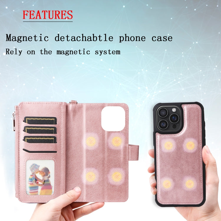For iPhone 16 Pro Max Solid Color 2 in 1 Zipper Shockproof Phone Case(Rose Gold)