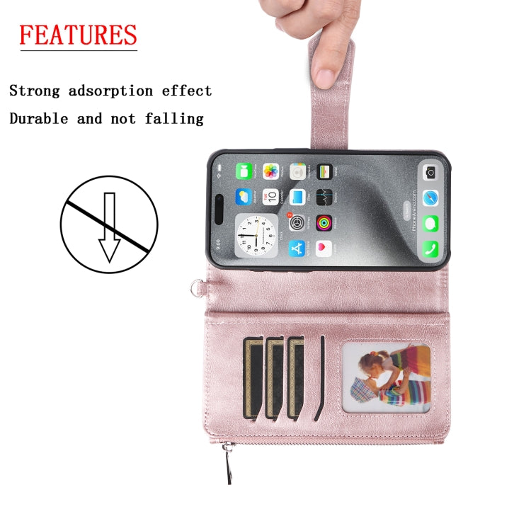 For iPhone 16 Pro Max Solid Color 2 in 1 Zipper Shockproof Phone Case(Rose Gold)