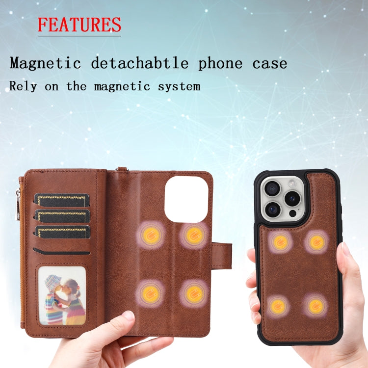 For iPhone 16 Pro Solid Color 2 in 1 Zipper Shockproof Phone Case(Brown)