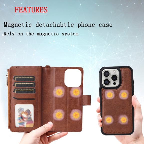For iPhone 16 Pro Solid Color 2 in 1 Zipper Shockproof Phone Case(Brown)
