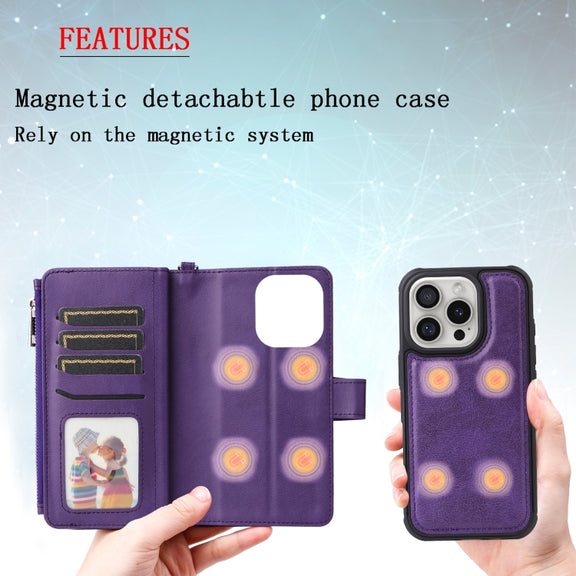 For iPhone 16 Pro Solid Color 2 in 1 Zipper Shockproof Phone Case(Purple)