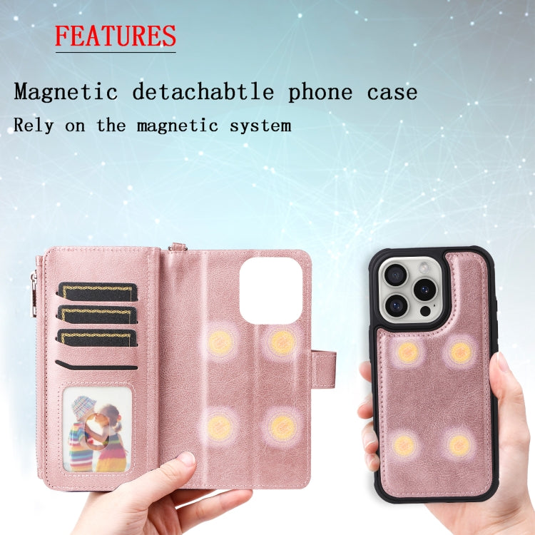 For iPhone 16 Pro Solid Color 2 in 1 Zipper Shockproof Phone Case(Rose Gold)