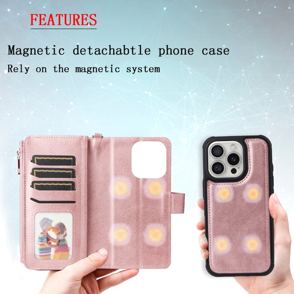 For iPhone 16 Pro Solid Color 2 in 1 Zipper Shockproof Phone Case(Rose Gold)