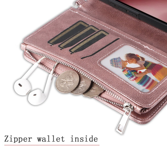For iPhone 16 Pro Solid Color 2 in 1 Zipper Shockproof Phone Case(Rose Gold)