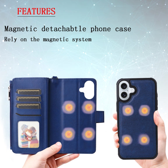 For iPhone 16 Plus Solid Color 2 in 1 Zipper Shockproof Phone Case(Blue)