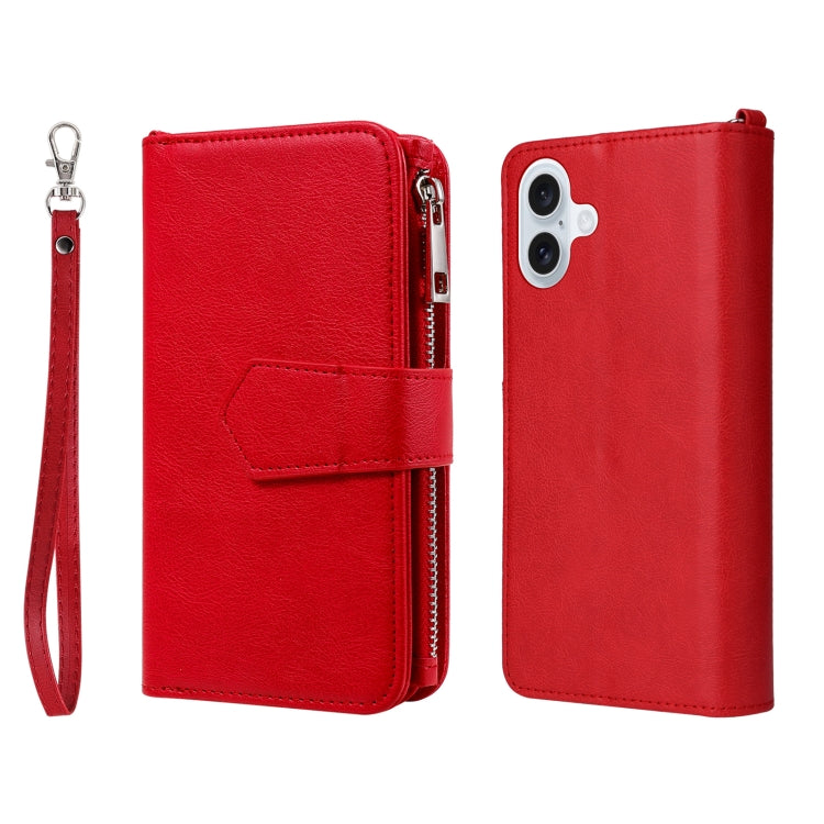 For iPhone 16 Plus Solid Color 2 in 1 Zipper Shockproof Phone Case(Red)