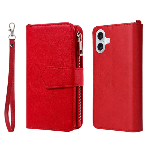 For iPhone 16 Plus Solid Color 2 in 1 Zipper Shockproof Phone Case(Red)