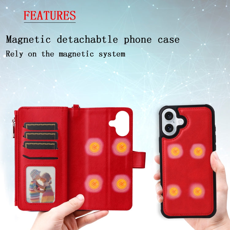 For iPhone 16 Plus Solid Color 2 in 1 Zipper Shockproof Phone Case(Red)