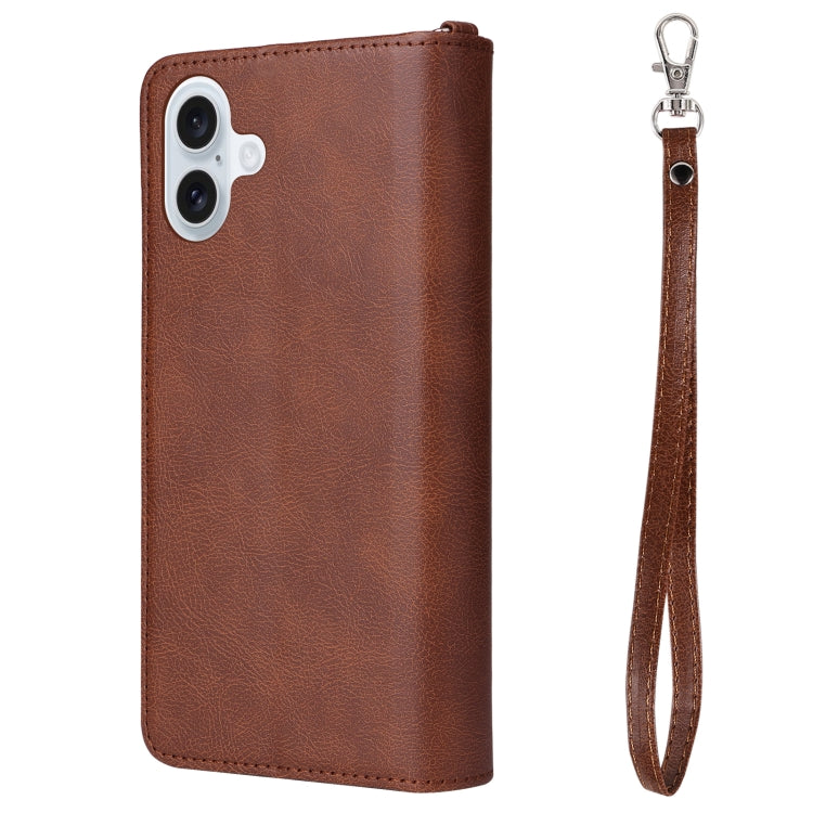 For iPhone 16 Plus Solid Color 2 in 1 Zipper Shockproof Phone Case(Brown)