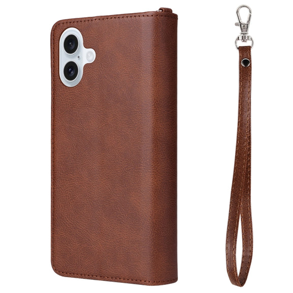 For iPhone 16 Plus Solid Color 2 in 1 Zipper Shockproof Phone Case(Brown)