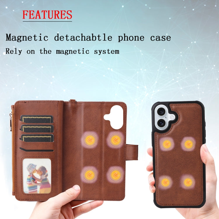 For iPhone 16 Plus Solid Color 2 in 1 Zipper Shockproof Phone Case(Brown)