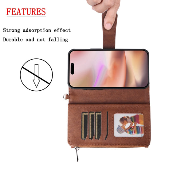 For iPhone 16 Plus Solid Color 2 in 1 Zipper Shockproof Phone Case(Brown)