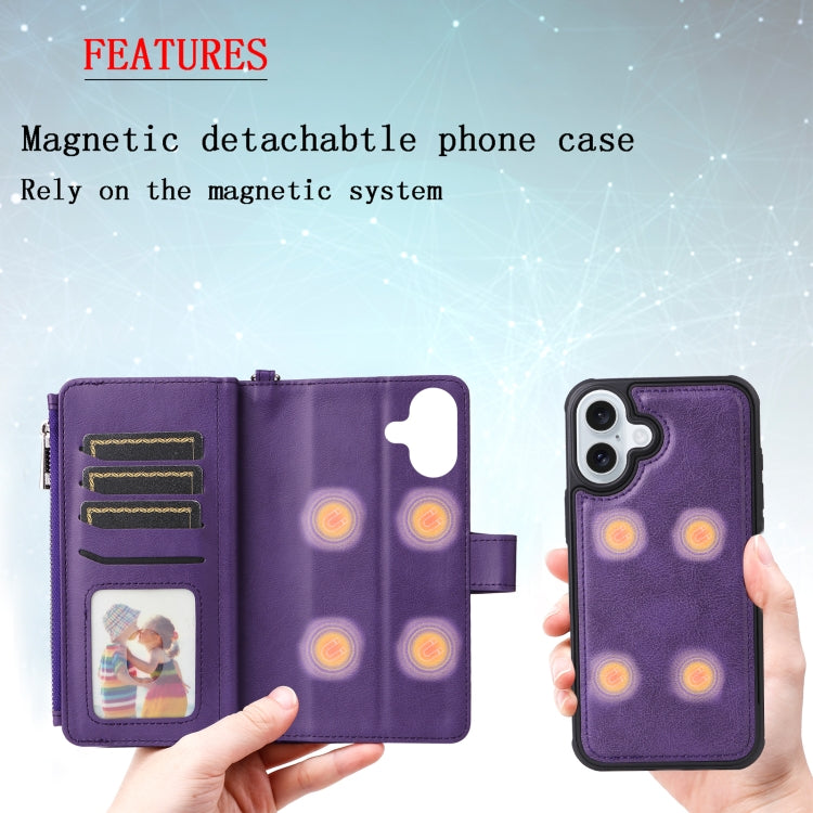 For iPhone 16 Plus Solid Color 2 in 1 Zipper Shockproof Phone Case(Purple)