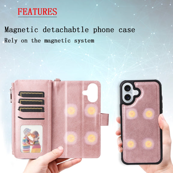 For iPhone 16 Plus Solid Color 2 in 1 Zipper Shockproof Phone Case(Rose Gold)