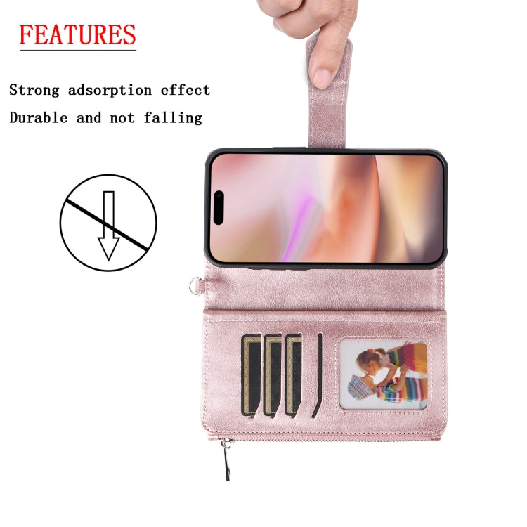 For iPhone 16 Plus Solid Color 2 in 1 Zipper Shockproof Phone Case(Rose Gold)