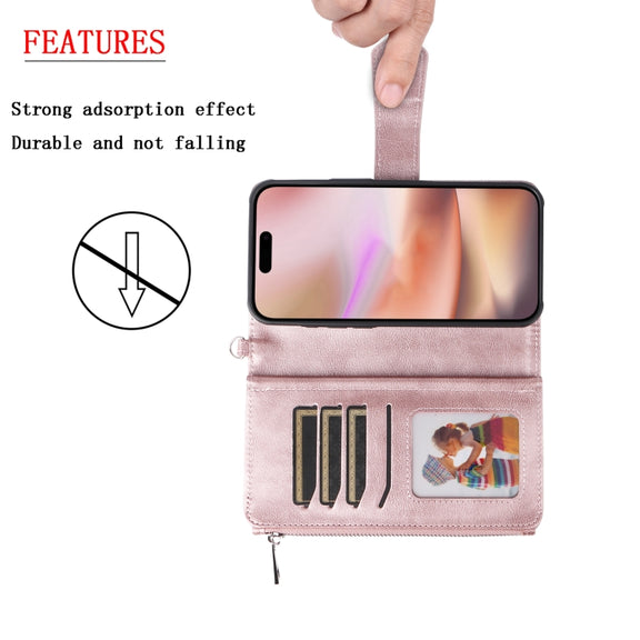 For iPhone 16 Plus Solid Color 2 in 1 Zipper Shockproof Phone Case(Rose Gold)